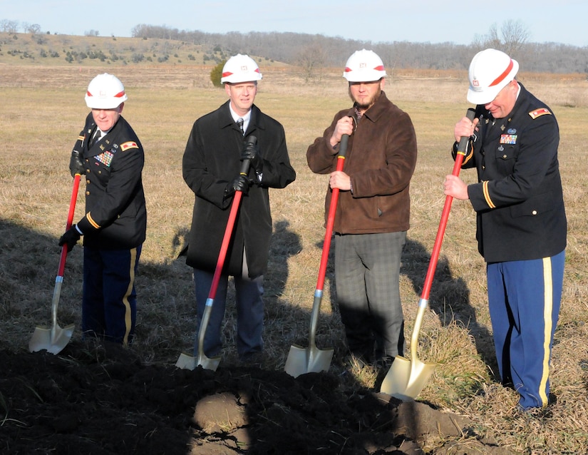 TONGANOXIE, Kansas (December 13, 2016) – From left, U.S. Army Reserve Col. Kurt Wagner, 88th Regional Support Command’s Directorate of Public Works director; Tonganoxie, Kansas, Mayor Jason Ward; Allen Askew, military aide for Congresswoman Lynn Jenkins; and Lt. Col. Brent Legreid, deputy district commander, U.S. Army Corps of Engineers-Kansas City District, dig the ceremonial first shovels full of dirt during the groundbreaking ceremony for the Tonganoxie Army Reserve Center that is expected to be completed by January 2019.