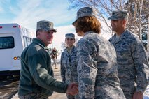 Gen. David L. Goldfein (left), Chief of Staff of the Air Force, greets Col. Robyn Slade, individual mobilization augmentee to the wing commander, Col. Anthony Mastalir, 50 SW vice commander and Col. Traci Kueker-Murphy, 310th Space Wing commander, during his visit at Schriever Air Force Base, Colorado, Tuesday, Dec. 20, 2016. Goldfein and base leadership toured throughout the base, with Goldfein spending his lunch with Airmen answering questions and imparting knowledge. (U.S. Air Force photo/Christopher DeWitt)