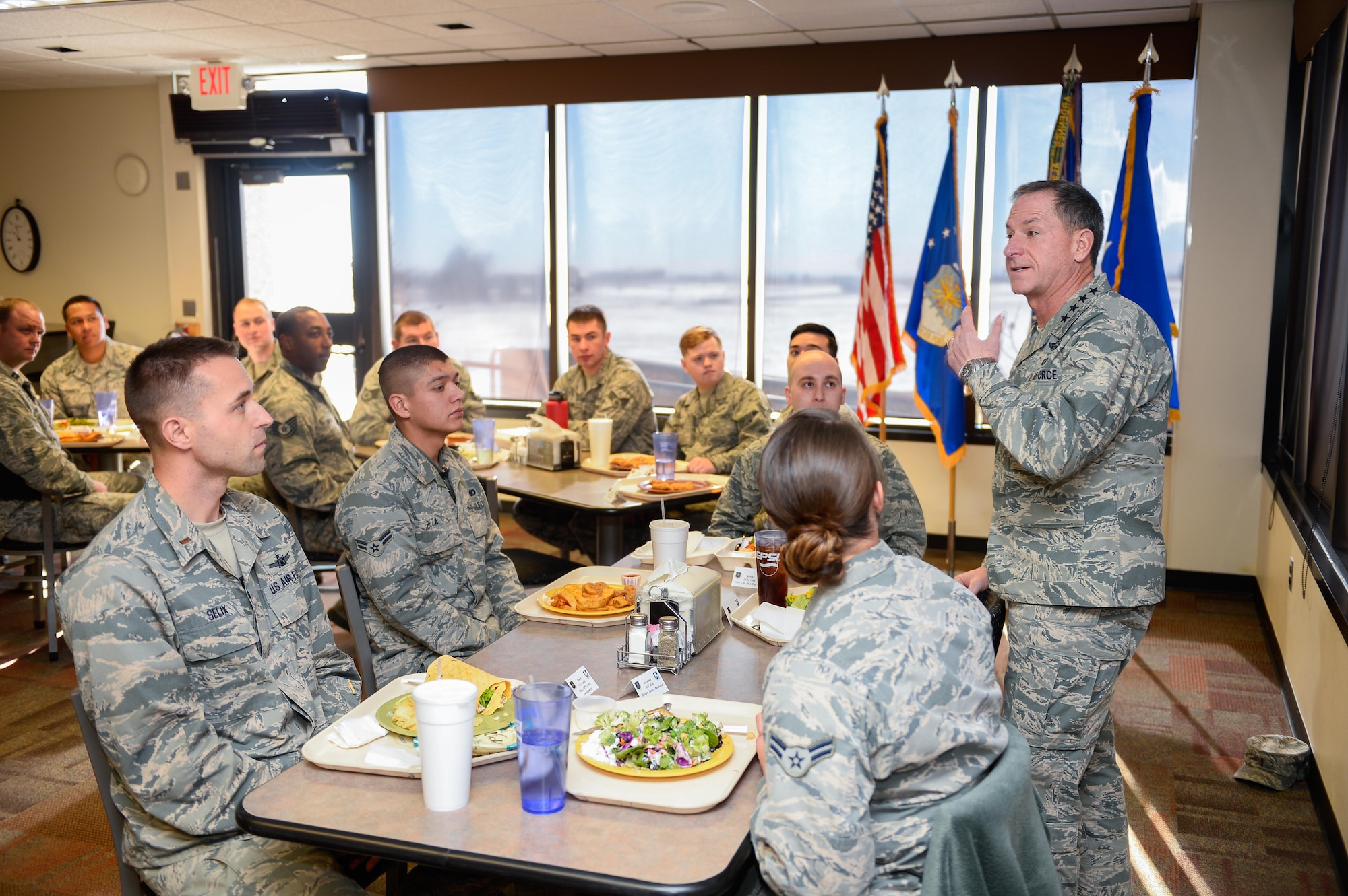 Gen. David L. Goldfein, Chief of Staff of the Air Force, speaks with Schriever Airmen during his visit at Schriever Air Force Base, Colorado, Tuesday, Dec. 20, 2016. Airmen from a multitude of squadrons gathered for discussion with Goldfein. (U.S. Air Force photo/Christopher DeWitt)