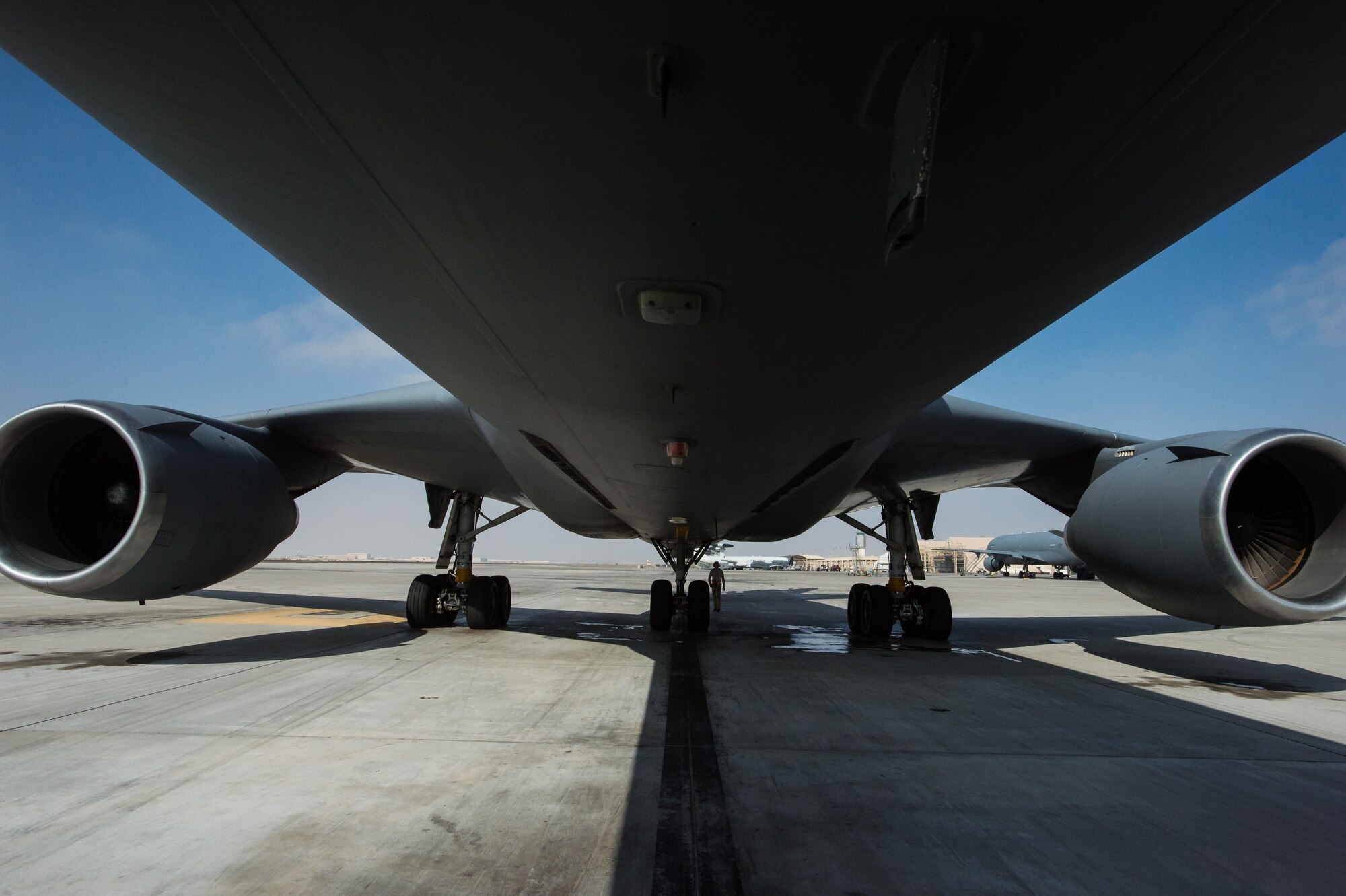 A 380th Air Expeditionary Wing crew chief completes a KC-10 Extender preflight inspection at an undisclosed location in Southwest Asia, Dec. 25, 2016. 380 AEW maintainers have contributed to more than 5000 strikes during Combined Joint Task Force-Operation Inherent Resolve, a multinational effort to weaken and destroy Islamic State in Iraq and the Levant operations in the Middle East and throughout the region. (U.S. Air Force photo/Senior Airman Tyler Woodward)