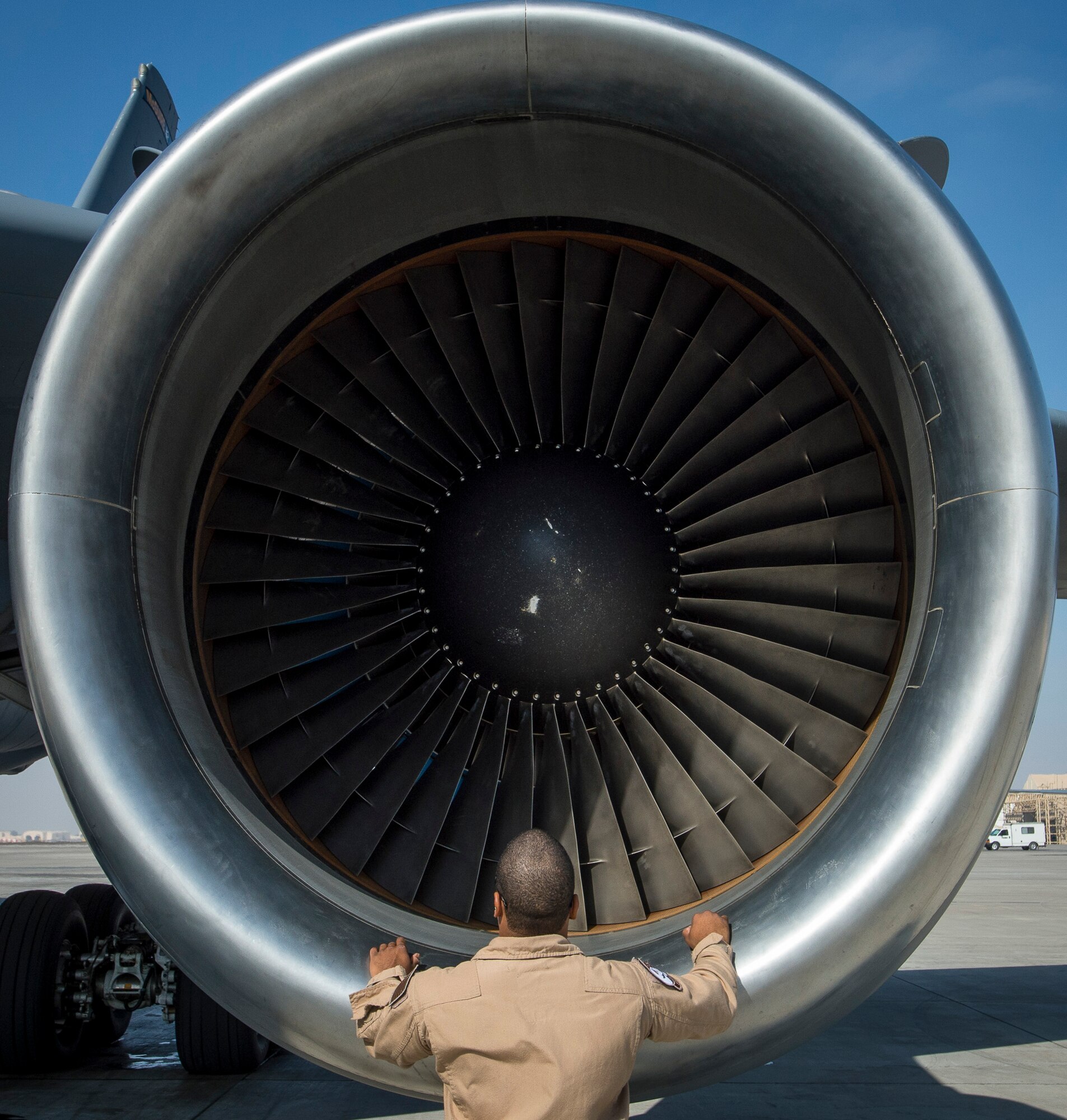 Staff Sgt. Aaron completes a KC-10 Extender preflight inspection before flying a sortie at an undisclosed location in Southwest Asia, Dec. 25, 2016. The 380th Air Expeditionary Wing has successfully offloaded more than 58 million pounds of fuel since the beginning of the liberation of Mosul, Iraq. (U.S. Air Force photo/Senior Airman Tyler Woodward)