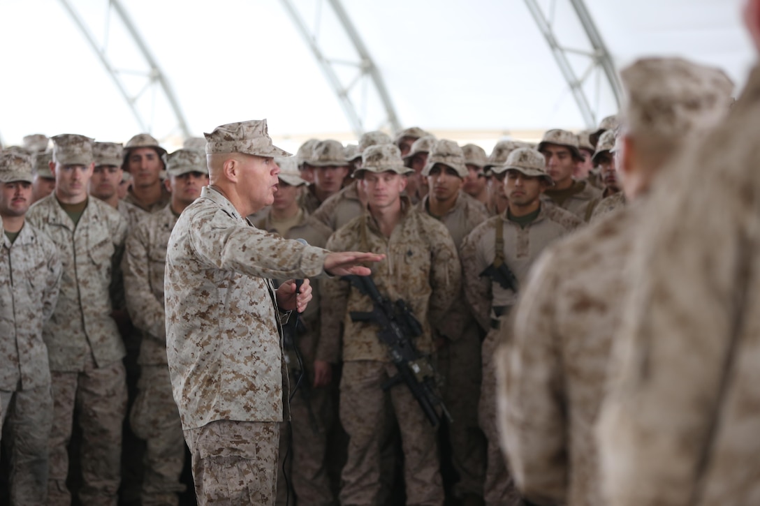 Commandant of the Marine Corps Gen. Robert B. Neller speaks with the Marines  forward deployed to the Middle East with Special Purpose Marine Air-Ground Task Force-Crisis Response-Central Command, Dec. 22, 2016.  Neller spoke about the SPMAGTF-CR-CC history, coalition partnerships,  readiness, and the future of the Marine Corps. (U.S. Marine Corps photo by LCpl Joshua S. McAlpine/Released)
