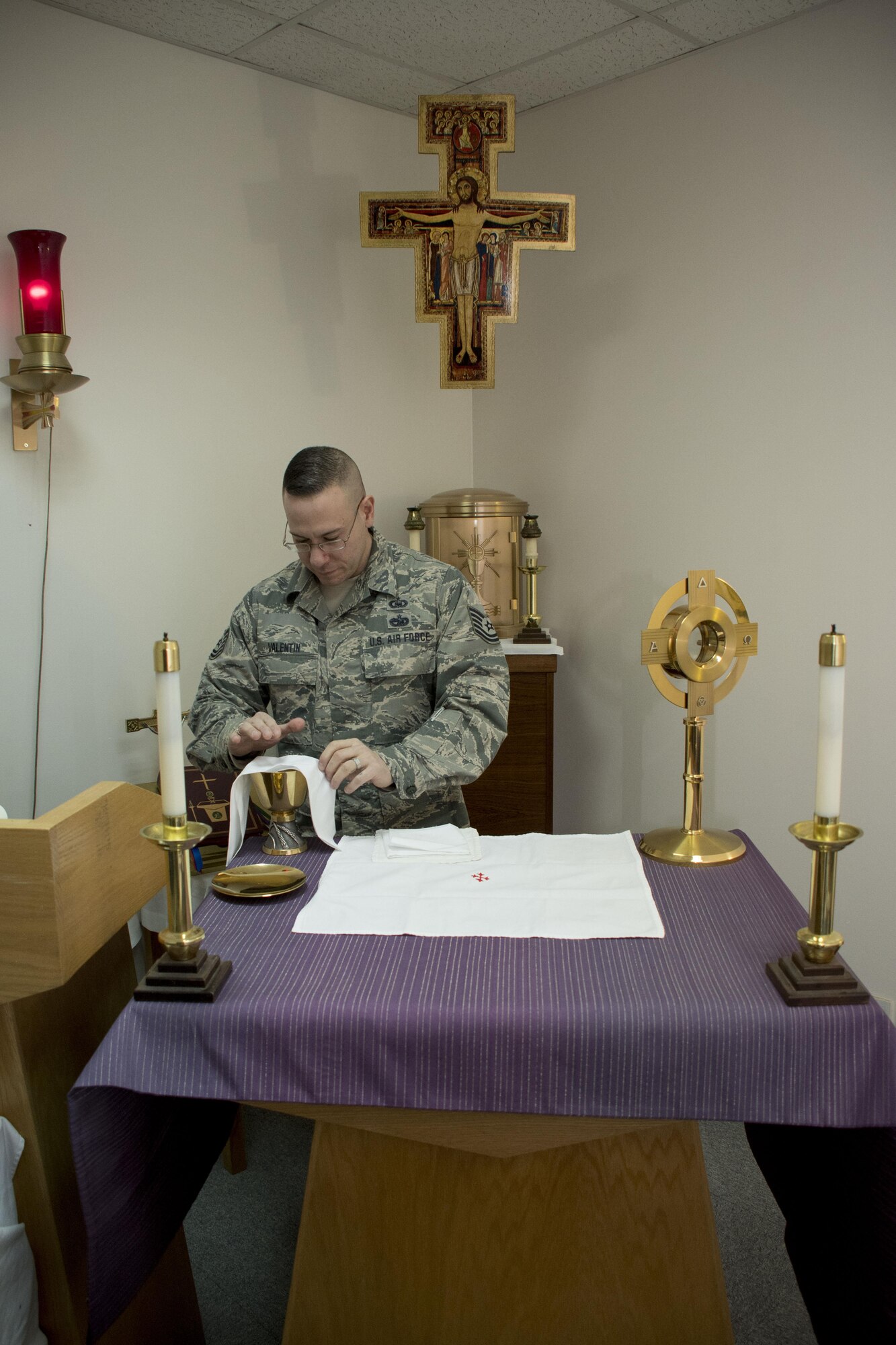 This week's Rock Solid Warrior is Tech. Sgt. Michael Valentin, the 386th chapel NCO in charge, deployed from the 439th Airlift Wing, Westover Air Reserve Base. The Rock Solid Warrior program is a way to recognize and spotlight 
the Airmen of the 386th Air Expeditionary Wing for their positive impact and commitment to the mission. (U.S. Air Force photo/Senior Airman Andrew Park)
