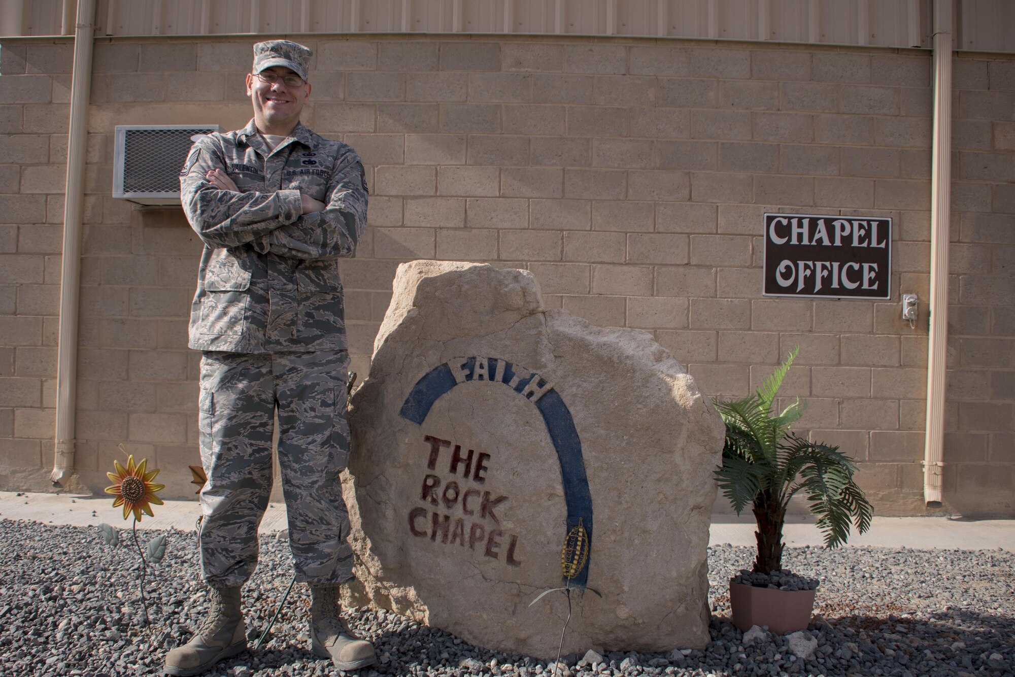 This week's Rock Solid Warrior is Tech. Sgt. Michael Valentin, the 386th chapel NCO in charge, deployed from the 439th Airlift Wing, Westover Air Reserve Base. The Rock Solid Warrior program is a way to recognize and spotlight 
the Airmen of the 386th Air Expeditionary Wing for their positive impact and commitment to the mission. (U.S. Air Force photo/Senior Airman Andrew Park)
