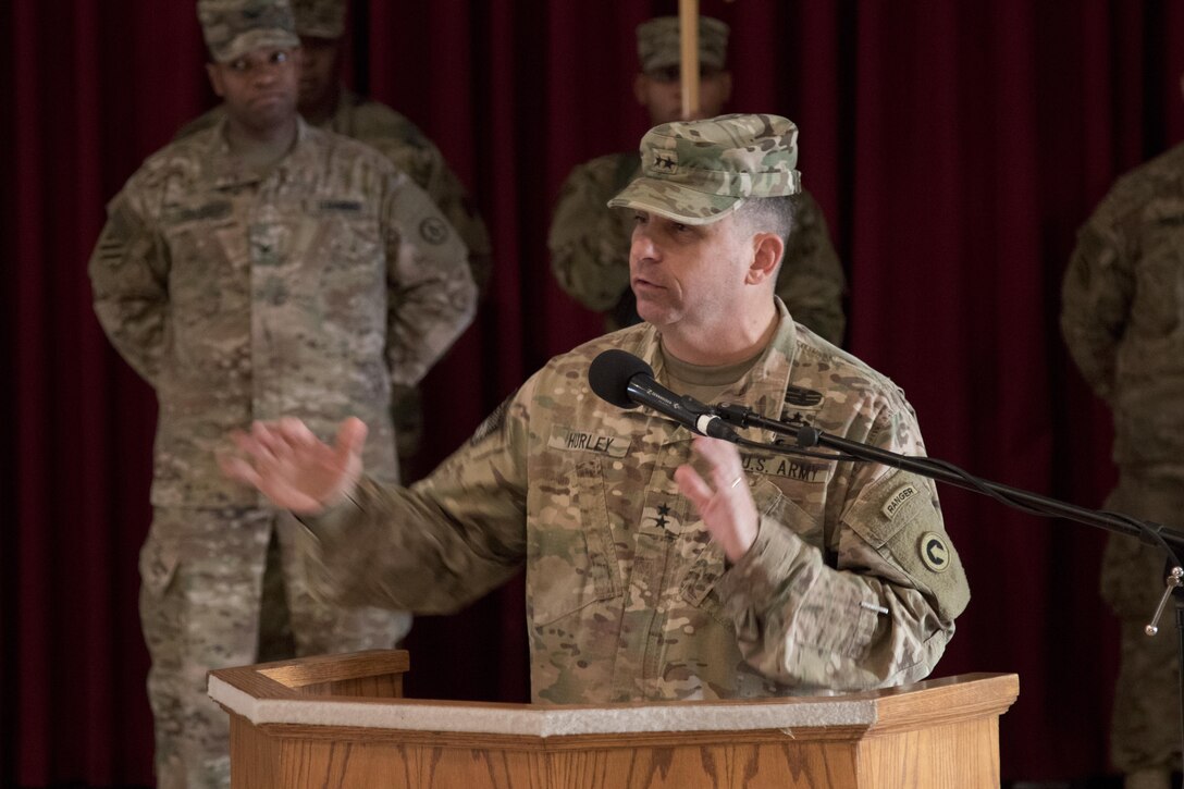 1st Sustainment Command (Theater) Commander Maj. Gen. Paul C. Hurley Jr., U.S. Army Central deputy commanding general, gives remarks during the 451st Sustainment Command (Expeditionary) and 316th ESC transfer of authority ceremony at Camp Arifjan, Kuwait, Dec. 23, 2016. (U.S. Army Photo by Staff Sgt. Dalton Smith)