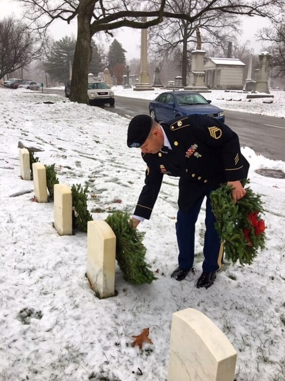 Army Reserve Staff Sgt. Bobby L. Scott, from the 310th Sustainment Command (Expeditionary), headquartered at Fort Benjamin Harrison, in Indianapolis, Ind., places a wreath in front of a grave stone at the Crown Hill National Cemetery in Indianapolis, Ind., Dec. 17, 2016. The Wreaths Across America ceremony is held annually on the second or third Saturday in December across the U.S. to honor the fallen.
