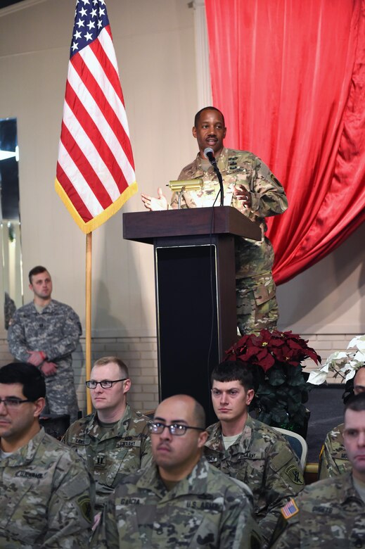 Col. Jesse Manning, 2nd Psychological Operations Group commander, thanks Soldiers from the 316th Psychological Operations Company and their families for their service and sacrifice to their nation during a Welcome Home Warrior-Citizen award ceremony in Kokomo, Ind., Dec. 10, 2016.  The award was created in 2004 by Congress to honor U.S. Army Reserve Soldiers for their sacrifices while serving abroad. (U.S. Air Force photo/Tech. Sgt. Benjamin Mota)