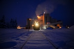 A locomotive from the Central Heat and Power Plant (CHPP) sits outside Dec. 21, 2016, at Eielson Air Force Base, Alaska. The CHPP produces enough energy to power around 9,100-13,000 homes. (U.S. Air Force photo by Airman Isaac Johnson)