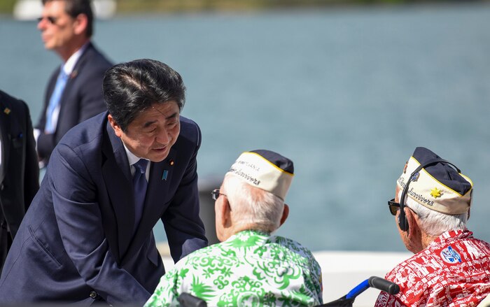 PEARL HARBOR (Dec. 27, 2016) Prime Minister of Japan Shinzo Abe greets Pearl Harbor survivors following a visit to the USS Arizona Memorial and delivering remarks alongside President Barack Obama that focused on reconciliation and peace. Today marks the first time an acting Japanese prime minister has visited the USS Arizona Memorial. 
