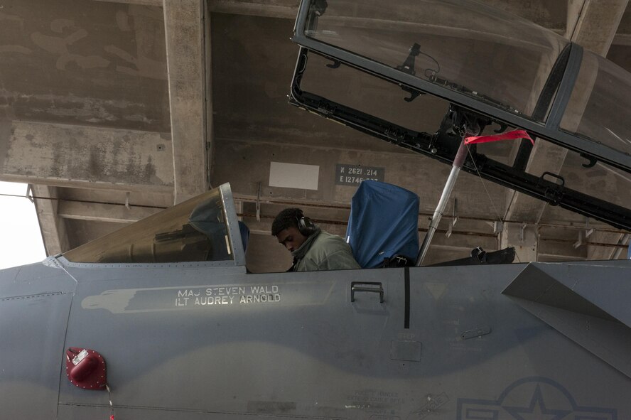 U.S. Air Force Airman 1st Class Jacques Broussard, 18th Aircraft Maintenance Squadron crew chief, performs operational checks on an F-15 Eagle Dec. 28, 2016, at Kadena Air Base, Japan. Frequent maintenance and operational checks ensure top performance of the F-15 Eagle. (U.S. Air Force photo by Senior Airman Lynette M. Rolen/Released)