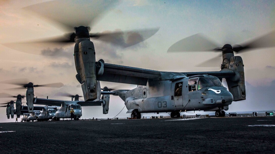 U.S. Marine MV-22 Ospreys, assigned to the Ridge Runners of Marine Medium Tiltrotor Squadron 163, prepare to takeoff from the flight deck of the amphibious assault ship USS Makin Island in support of a helo-borne raid during Exercise Alligator Dagger, in the Gulf of Aden, Dec. 21, 2016. The unilateral exercise provides an opportunity for the Makin Island Amphibious Ready Group and 11th Marine Expeditionary Unit to train in amphibious operations within the U.S. 5th Fleet area of operations. The 11th MEU is currently supporting U.S. 5th Fleet’s mission to promote and maintain stability and security in the region. 