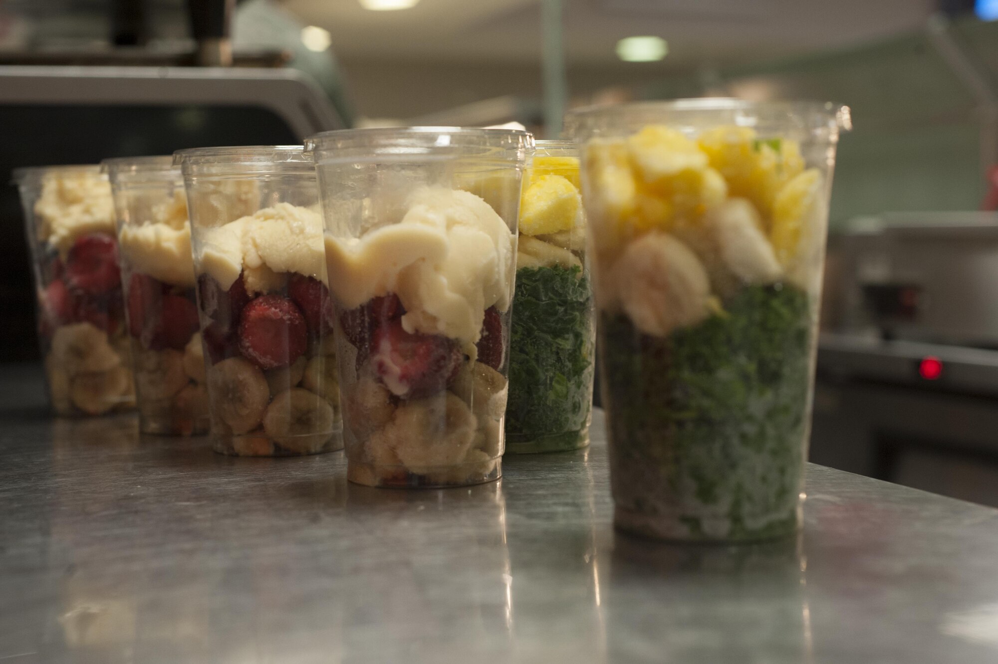 The Longhorn Dining Facility offers a variety of healthy food options for customers to choose from, such as the UFood grill, Mongolian grill and fresh sub sandwiches. One of the features that the UFood grill offers is a variety of blended smoothies. The dry ingredients for the smoothies are prepped for each meal and are then blended as they are ordered by customers. (U.S. Air Force Photo by Airman 1st Class Rebecca Van Syoc)