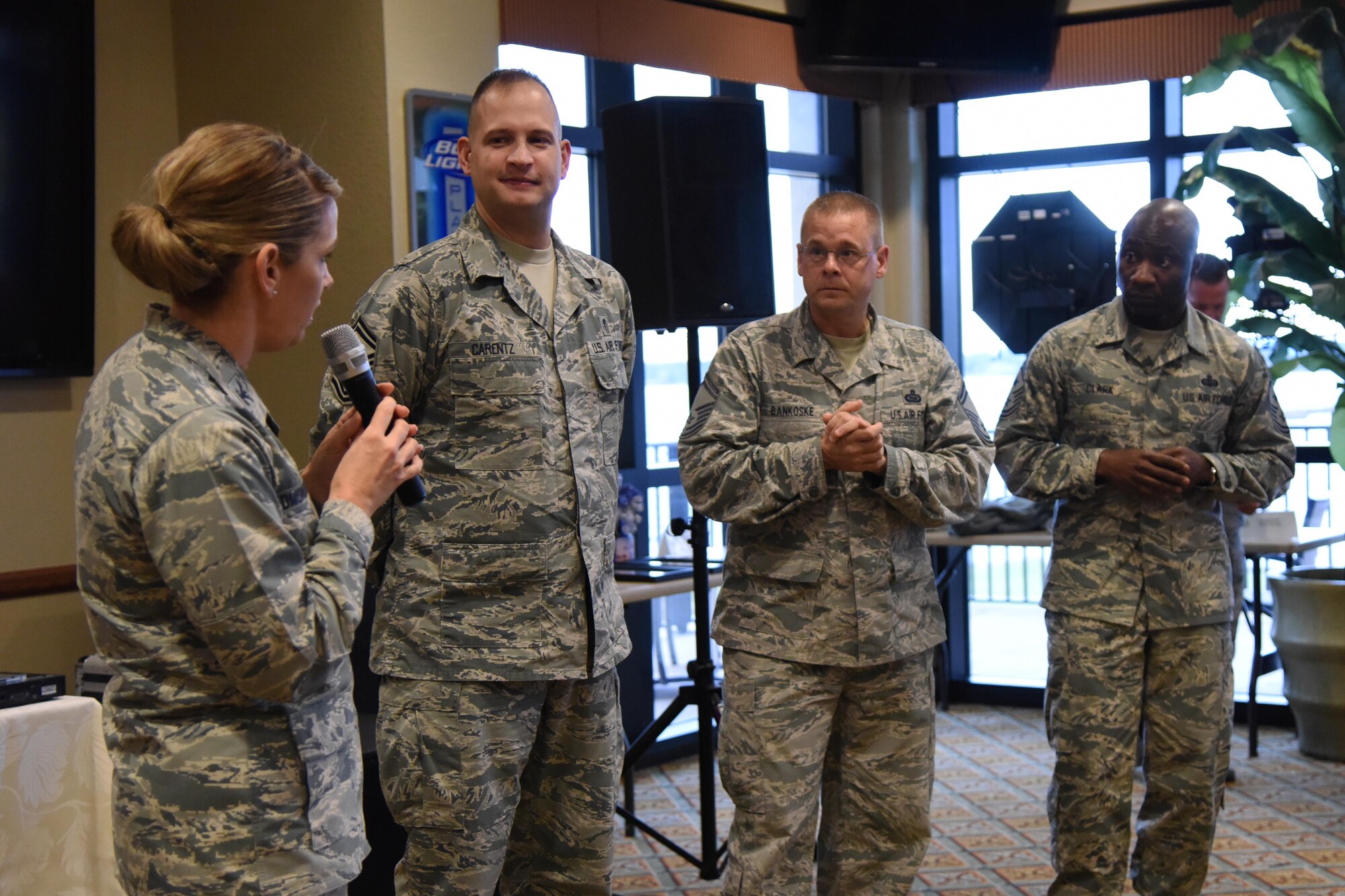 Col. Michele Edmondson, 81st Training Wing commander, delivers remarks during a chief master sergeant-select recognition ceremony at the Bay Breeze Event Center Dec. 8, 2016, on Keesler Air Force Base, Miss. She recognized three Keesler senior NCOs, Senior Master Sgts. Timothy Carentz, 81st Medical Operations Squadron superintendent, Jeffrey Bankoske, Mathies NCO Academy director of education, and Larry Jackson, 81st Operations Support Flight superintendent, for their selection to join the top 1 percent of the Air Force’s enlisted force. (U.S. Air Force photo by Kemberly Groue)