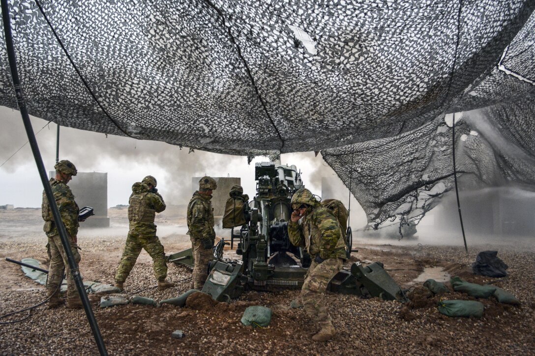 U.S soldiers execute a fire mission to support Iraqi security forces during the Mosul counteroffensive in northern Iraq, Dec. 24, 2016. The soldiers are assigned to Battery C, 1st Battalion, 320th Field Artillery Regiment, Task Force Strike, which is supporting the Iraqi forces with indirect fire in their fight against the Islamic State of Iraq and the Levant. Army photo by 1st Lt. Daniel Johnson