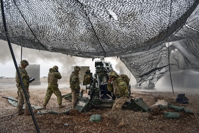 U.S. soldiers execute a fire mission to support Iraqi forces during the Mosul counteroffensive in northern Iraq, Dec. 24, 2016. The soldiers are assigned to Charlie Battery, 1st Battalion, 320th Field Artillery Regiment, and are supporting the Iraqis with indirect fire in their fight against the Islamic State of Iraq and Syria. Army photo by 1st Lt. Daniel Johnson