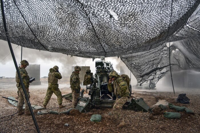 U.S soldiers execute a fire mission to support Iraqi security forces during the Mosul counteroffensive in northern Iraq, Dec. 24, 2016. The soldiers are assigned to Battery C, 1st Battalion, 320th Field Artillery Regiment, Task Force Strike, which is supporting the Iraqi forces with indirect fire in their fight against the Islamic State of Iraq and the Levant. Army photo by 1st Lt. Daniel Johnson