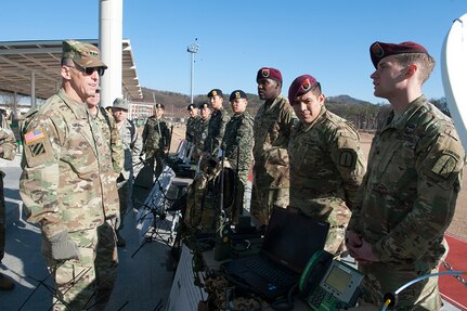 U.S. Army Spc. Bryan McGuigan, a Tactical Satellite Operator assigned to 112th Signal Detachment, Special Operations Command Korea, briefs  U.S. Eighth Army Commanding General, Lt. Gen. Thomas S. Vandal about the SDN SOF Deployable Node during a static display at a Republic of Korea Special Warfare Command Installation near Icheon, Republic of Korea December 1, 2016, as a part of the 2016 C4I (Command Control Communication Computers Intelligence) Summit. The C4I Summit showcases joint interoperability between U.S. and ROK forces. 