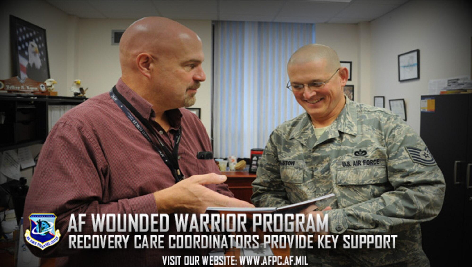 Recovery Care Coordinator Jeffrey Leyrer discusses programs and benefits with Tech. Sgt. Joshua Robistow in the Medical Treatment Facility on Grand Forks Air Force Base, North Dakota. Leyrer is one of 42 RCCs who are strategically placed at bases throughout the Air Force. (U.S. Air Force courtesy photo)