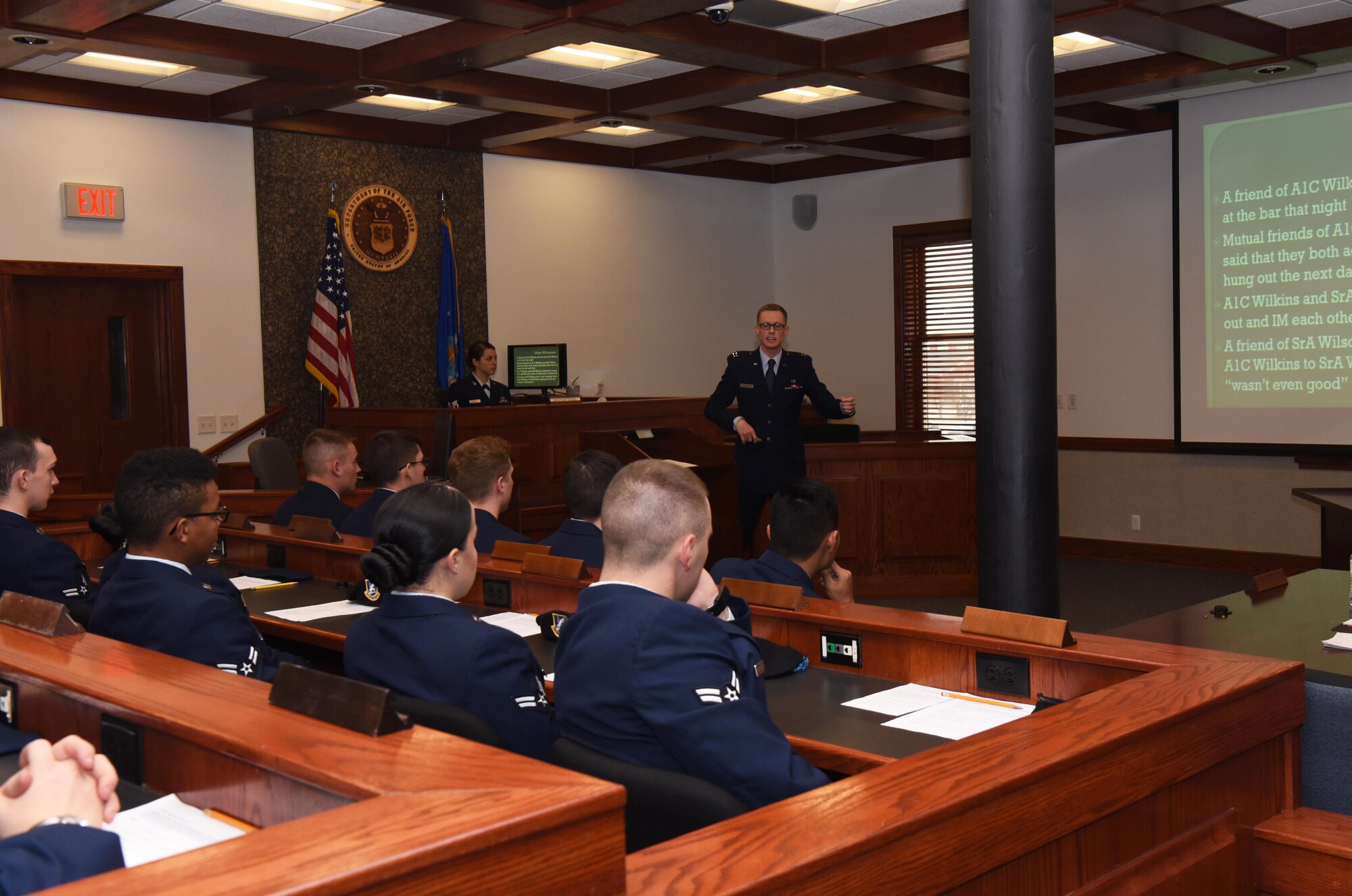 Capt. Charles Berry, 90th Missile Wing chief of general law, presents evidence to the jury at F.E. Warren Air Force Base, Wyo., Dec. 16, 2016. The evidence helped the jury make a decision in the sexual assault case. The legal office recently initiated this program for first term Airmen to demonstrate the consequences of sexual assault from various perspectives. (U.S. Air Force photo by Airman 1st Class Breanna Carter)