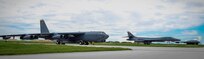 A B-52 Stratofortress, B-1 Lancer and B-2 Spirit on the flight line at Andersen Air Force Base, Guam, Aug. 10, 2016. This marks the first time in history that all three air frames have been in the U.S. Pacific Command (USPACOM) area of responsibility at the same time.