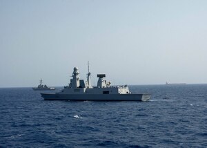 The French Navy’s Horizon-class air defense destroyer FS Forbin (D620) participates with the Arleigh Burke-class guided-missile destroyers USS Mason (DDG 87) and USS Roosevelt (DDG 80) for a simulated Maritime Interdiction Operation. Mason, deployed as part of the Eisenhower Carrier Strike Group, is deployed to the U.S. 5th Fleet area of responsibility conducting maritime security operations, theater security cooperation efforts and support missions for Operation Inherent Resolve. 