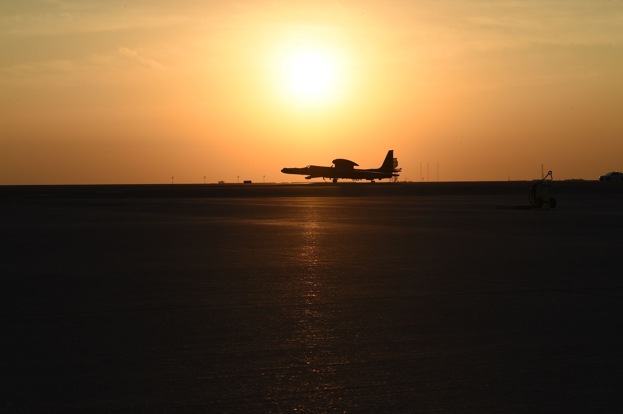 A U-2 taxis back towards the maintenance hangar at an undisclosed location in Southwest Asia after a sortie, Dec. 15, 2016. This sortie marked the final flight of one of the mission systems that the U-2 is capable of carrying. (U.S. Air Force photo by Tech. Sgt. Christopher Carwile)