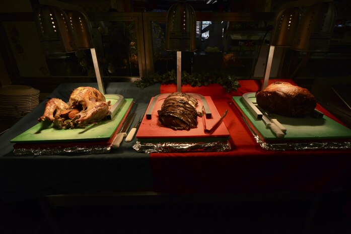 A Christmas dinner was hosted by Joint Base Charleston leadership at the Gaylor Dining Facility Dec. 25, 2016. Members of the dining facility began cooking and prepping the main courses on Dec. 24 and didn’t finish until early Dec. 25.