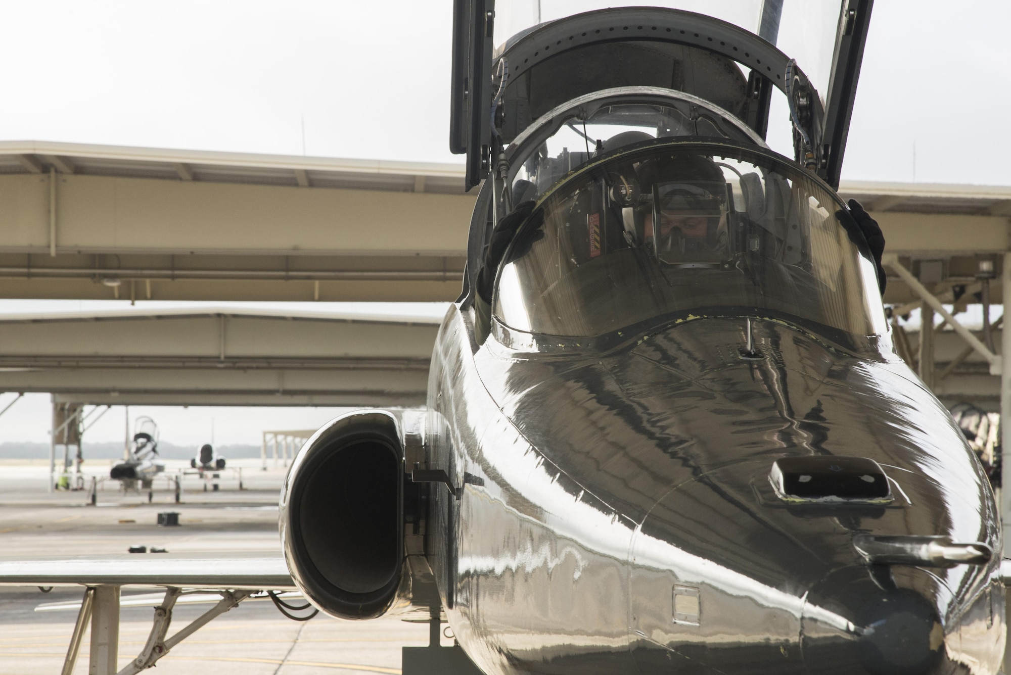 Second Lt. Duston Obrien, 435th Fighter Training Squadron upgrade pilot, and Maj. Gavin Peterson, 435th FTS instructor pilot, prepare to take off in a T-38 Talon at Joint Base San Antonio-Randolph, Texas, Sept. 3, 2015. The 435th Fighter Training Squadron conducts Introduction to Fighter Fundamentals student training in nearly 50 T-38C Talon aircraft and trains IFF instructors for Air Education and Training Command at large. The 435th FTS trains approximately 150 students annually from the United States, Iraq, Japan, Poland, Saudi Arabia, and Singapore.(U.S. Air Force photo by Senior Airman Stormy Archer)