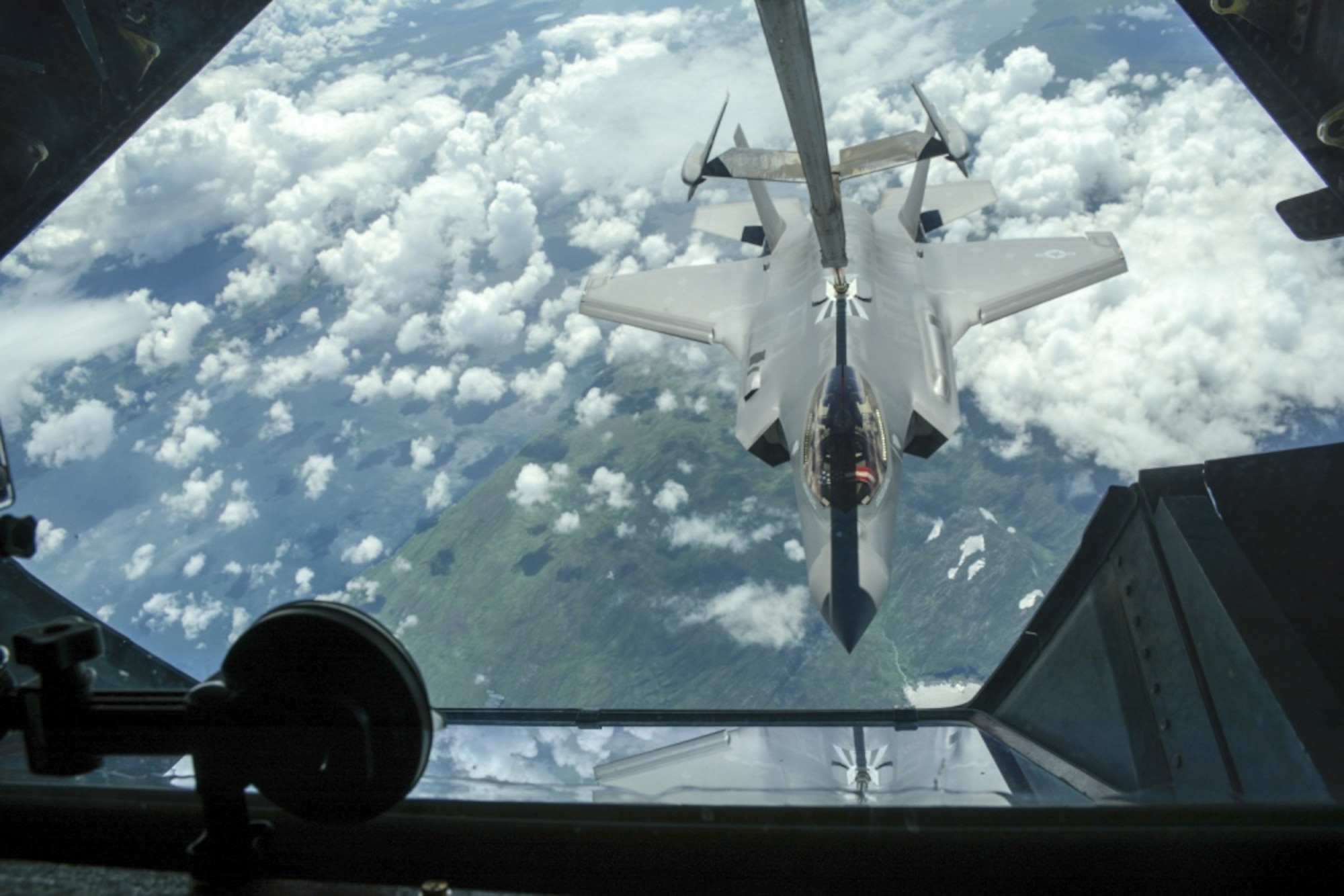 A Travis KC-10 Extender makes contact with an F-35A Lightning II to transfer fuel through the boom as the planes cross the Atlantic Ocean July 13, 2016. (U.S. Air Force photo by Senior Airman Madelyn Brown)