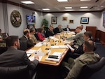 Navy Vice Admiral Andy Brown, Joint Staff Director for Logistics, addresses senior Department of Defense logistics leaders to start the quarterly Logistics Development Council meeting.