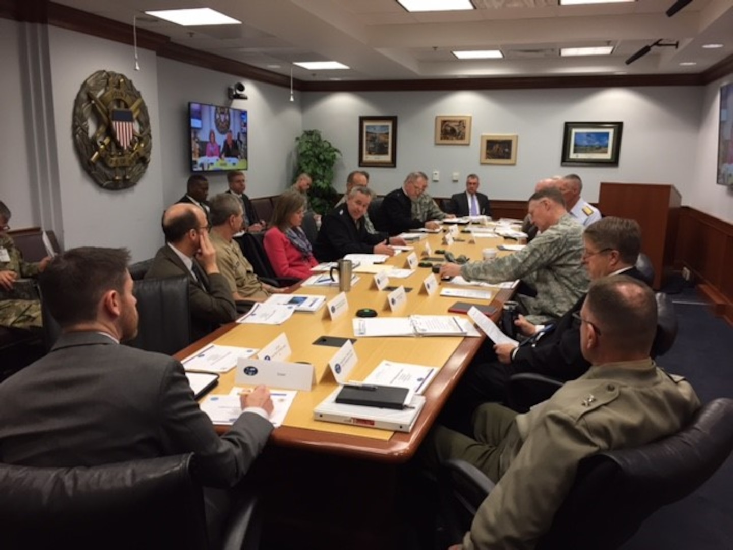 Navy Vice Admiral Andy Brown, Joint Staff Director for Logistics, addresses senior Department of Defense logistics leaders to start the quarterly Logistics Development Council meeting.