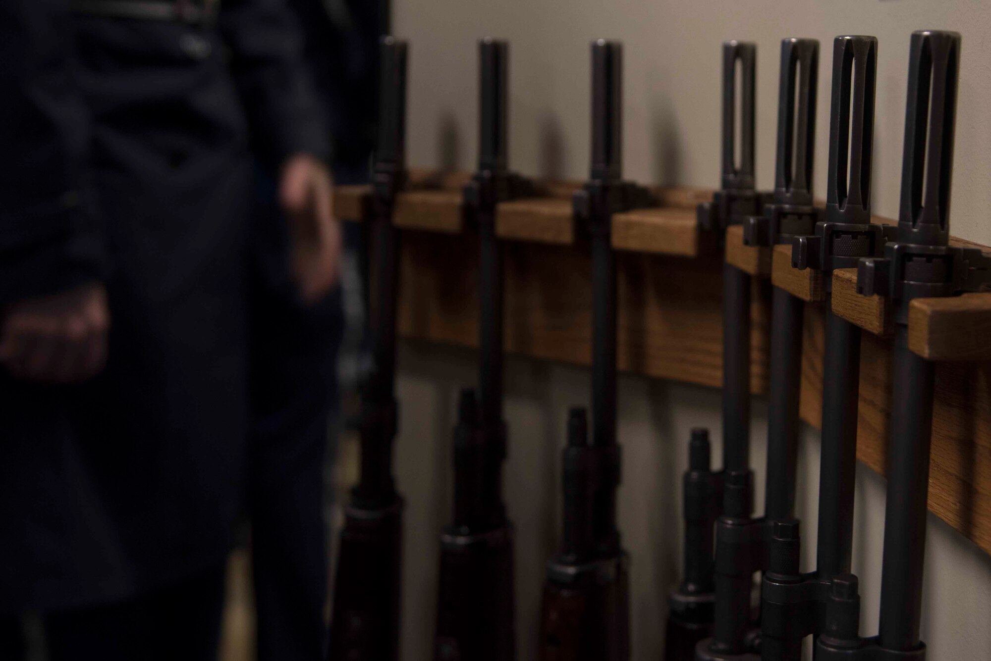 Rifles sit in a weapons rack Dec. 19, 2016, at Fort George Wright Cemetery, Spokane, Washington. A 3-volley rifle salute is often performed by seven members firing three volleys, and is usually seen at a traditional military funeral. (U.S. Air Force photo/Senior Airman Nick J. Daniello)