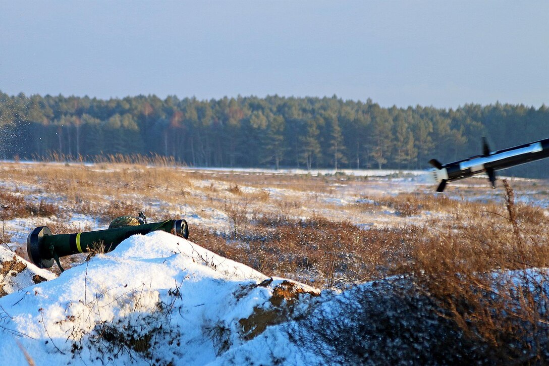 Army Sgt. Francisco Martinez fires an FGM-148 Javelin surface-to-air missile during a live-fire exercise in Konotop, Poland, Jan. 18, 2016. Martinez is an infantryman assigned to the 3rd Squadron, 2nd Cavalry Regiment. Army photo by Sgt. Paige Behringer