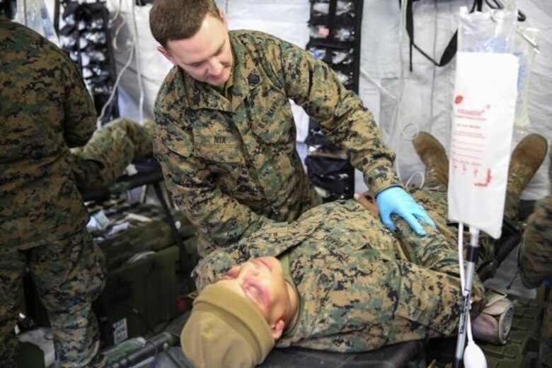 Seaman Dustin Nix, a corpsman with 2nd Medical Battalion, treats a role-player for injuries in preparation for their upcoming multinational exercise, Cold Response 16.1, in Norway.at Camp Lejeune, N.C, Jan. 28, 2016.  The corpsmen treated similar injuries caused by cold weather, a climate they will experience in Norway.  (U.S. Marine Corps photo by Cpl. Michael Dye) 