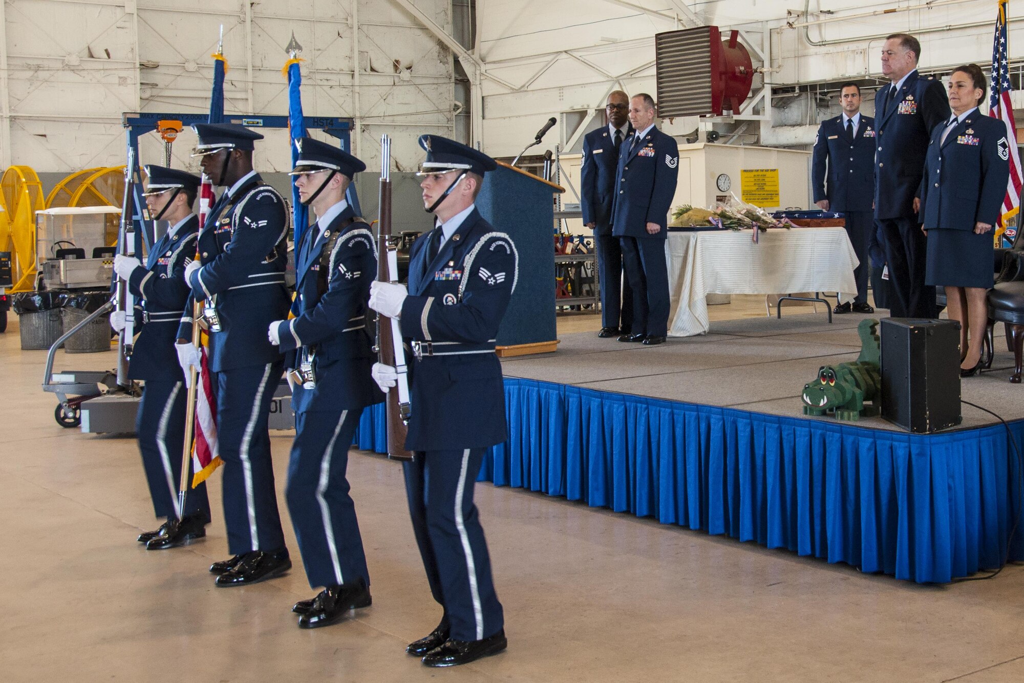 The Barksdale Honor Guard prepares to post the colors during the retirement ceremony of U.S. Air Force Senior Master Sgt. Mary Wagner who is assigned to the 707th Maintenance Squadron at Barksdale Air Force Base, La., Jan. 30, 2016.  She retired after 38 years of service. (U.S. Air Force photo by Tech. Sgt. Ted Daigle/released)