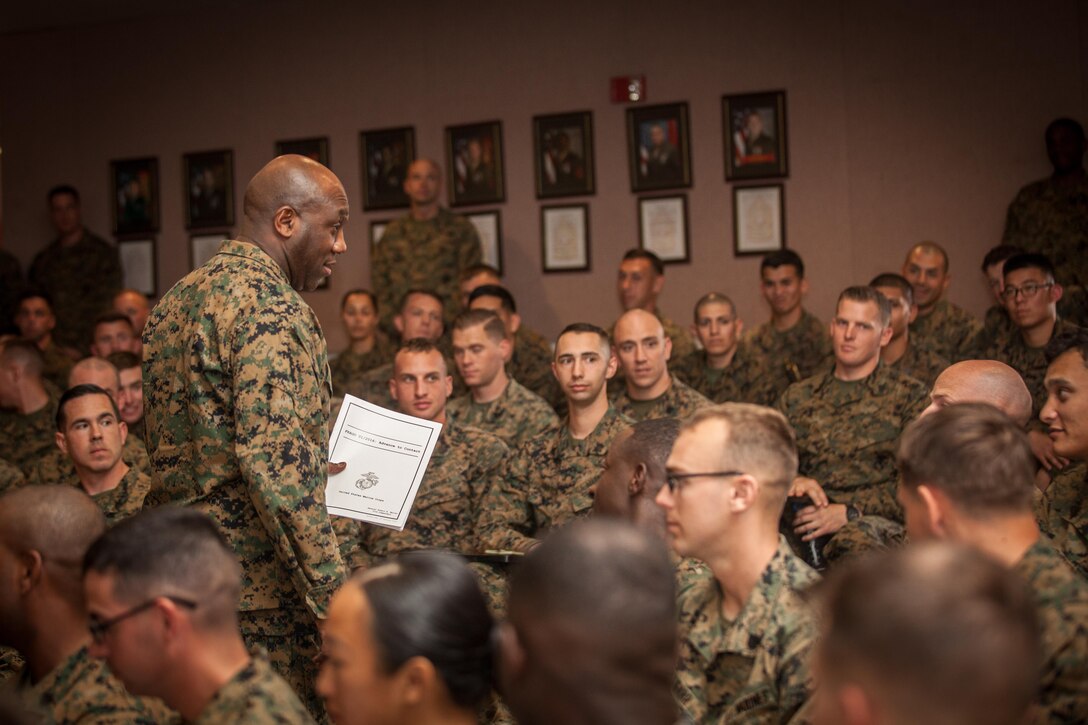 The 18th Sergeant Major of the Marine Corps, Ronald L. Green, speaks to Marines attending Sergeants Course and Advanced Course at the Staff Non-Commissioned Officer Academy aboard Marine Corps Base Camp Pendleton, CA, Jan 27, 2016. (U.S. Marine Corps photo by Sgt. Melissa Marnell, Office of the Sergeant Major of the Marine Corps/Released)