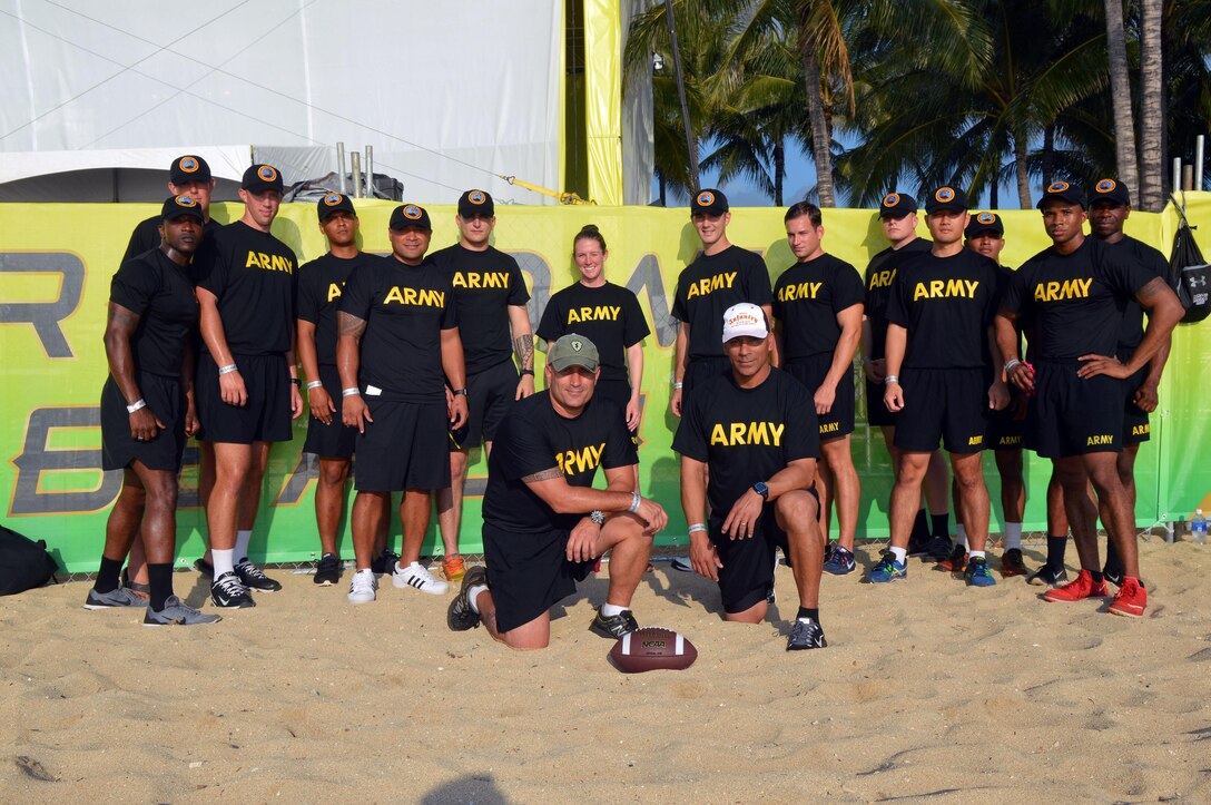 Soldiers representing Team Army in the 2016 Pro Bowl Military Challenge pose for a photo at Queen's Beach in Honolulu, Jan. 29, 2016. The team, which comprised soldiers with the 25th Infantry Division and the 8th Theater Sustainment Command, competed against other service teams in various football and beach activities in conjunction with the NFL's 2016 Pro Bowl. U.S. Army photo by Staff Sgt. Armando R. Limon