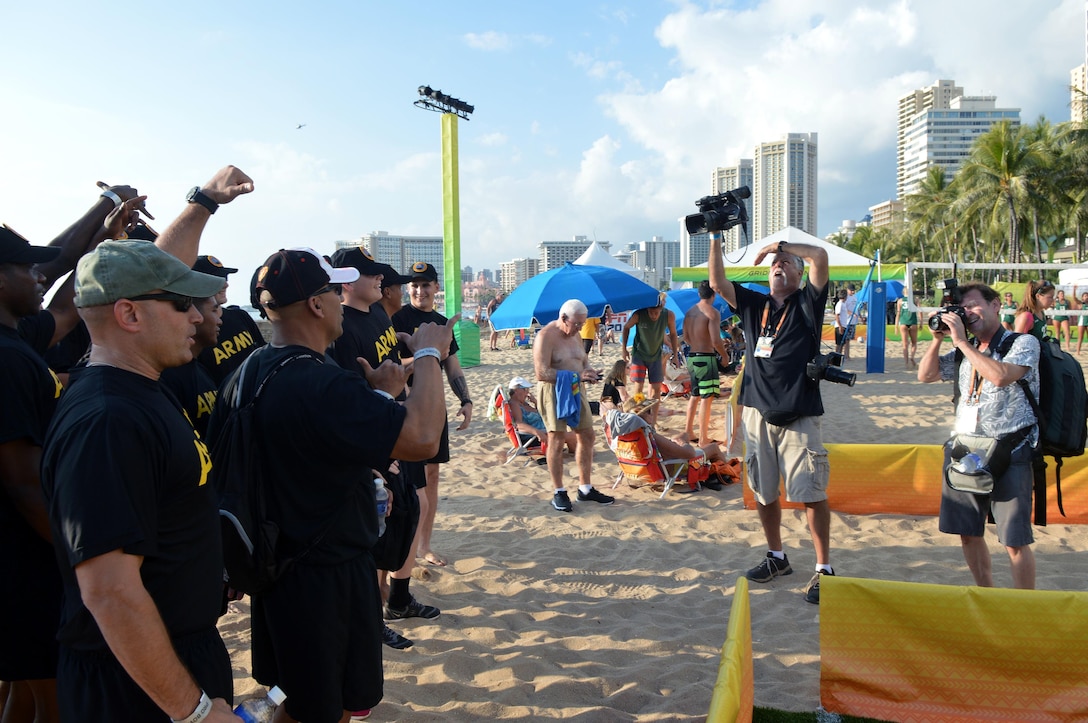 Members of Team Army display their confidence for reporters at the 2016 Pro Bowl Military Challenge at Queen's Beach in Honolulu, Jan. 29, 2016. Army photo by Staff Sgt. Armando R. Limon