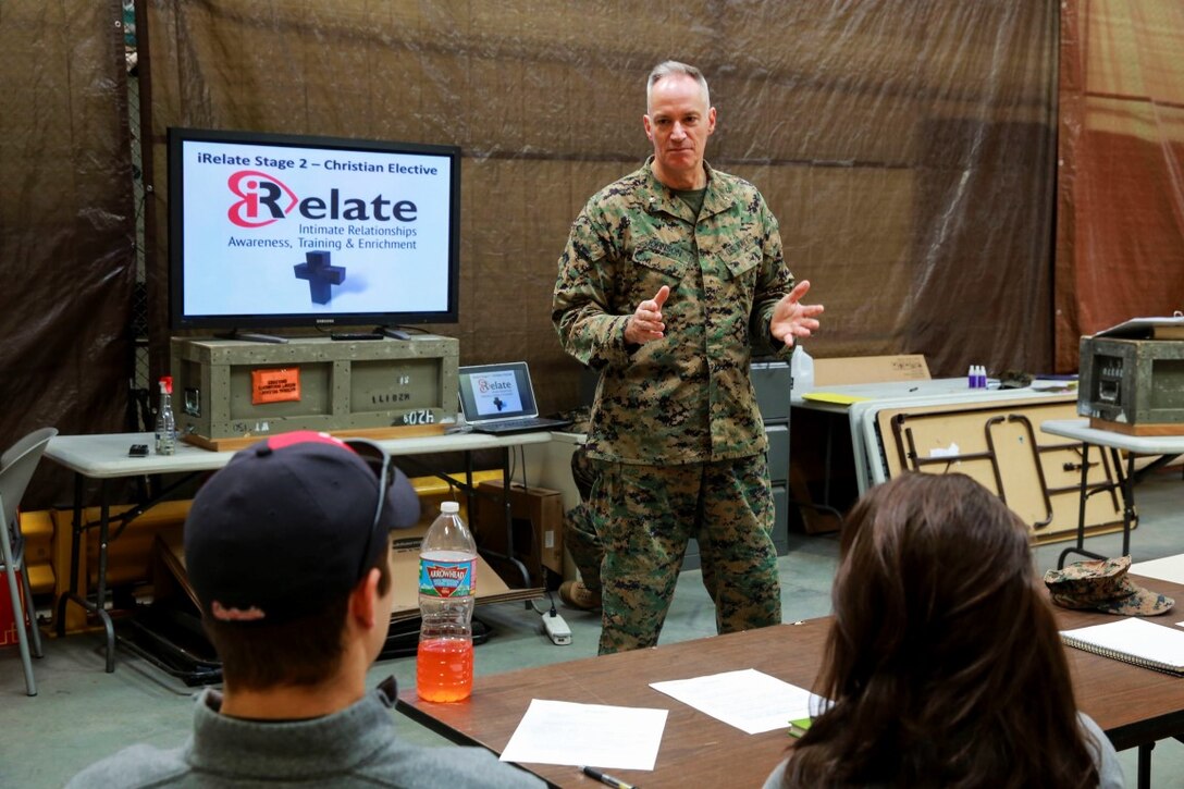 Cmdr. James Johnson presents pre-marriage training called “Before saying I do” as part of the iRelate program at Marine Corps Base Camp Pendleton, Jan. 26, 2016. The iRelate program gives Marines the knowledge, skills and abilities to make informed decisions about intimate relationships in order to reduce the divorce rate among junior Marines. Johnson, from Lake Park, Minn., is the chaplain for I Marine Expeditionary Force Headquarters Group. (U.S. Marine Corps photo by Lance Cpl. Caitlin Bevel)