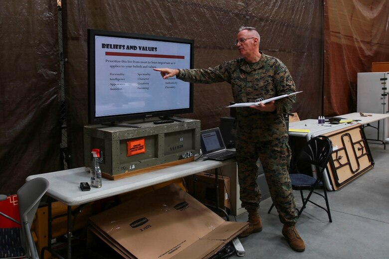 Cmdr. James Johnson presents pre-marriage training called “Before saying I do” as part of the iRelate program at Marine Corps Base Camp Pendleton, Jan. 26, 2016. The iRelate program gives Marines the knowledge, skills and abilities to make informed decisions about intimate relationships in order to reduce the divorce rate among junior Marines. Johnson, from Lake Park, Minn., is the chaplain for I Marine Expeditionary Force Headquarters Group. (U.S. Marine Corps photo by Lance Cpl. Caitlin Bevel)