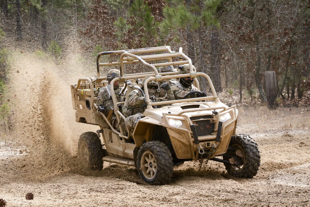 Paratroopers test the capabilities of an MRZR4 LT all-terrain vehicle during familiarization training on Fort Bragg, N.C., Jan. 21, 2016. Army photo by Sgt. Juan F. Jimenez