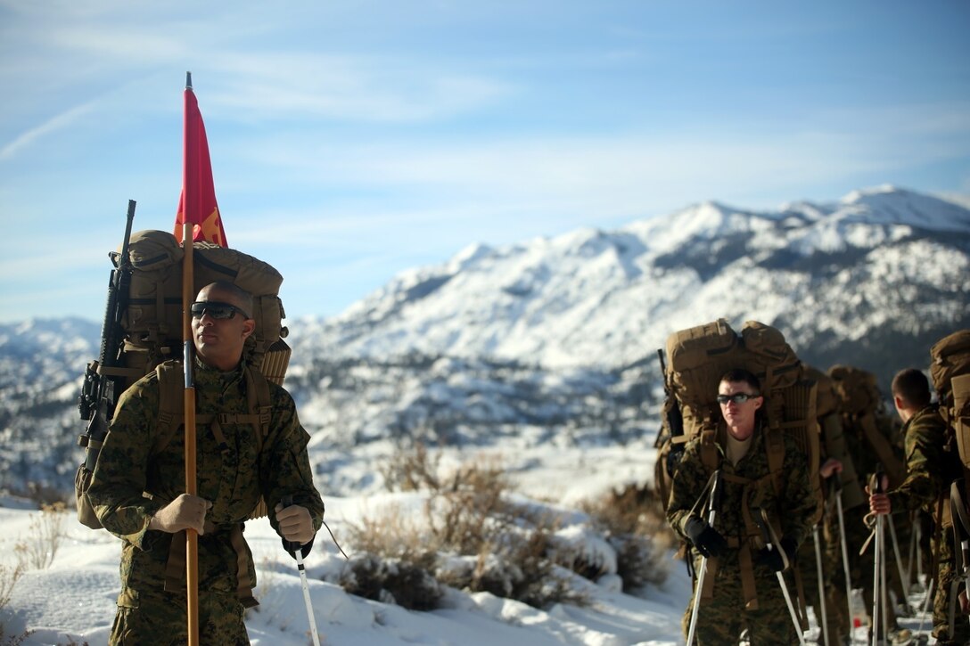Cpl. Immanuel Friddle, guide for Combat Logistics Battalion 252, prepares for a hike in Bridgeport, Calif., during Mountain Exercise 1-16, a cold weather training exercise, on Jan. 11, 2016. The training is a prerequisite for a large, multi-national exercise called Cold Response 16 that will take place in Norway, March of this year. Cold Response will challenge 12 NATO allies’ and partners’ abilities to work together and respond in the case of a crisis. (U.S. Marine Corps photo by Lance Cpl. Brianna Gaudi/released)