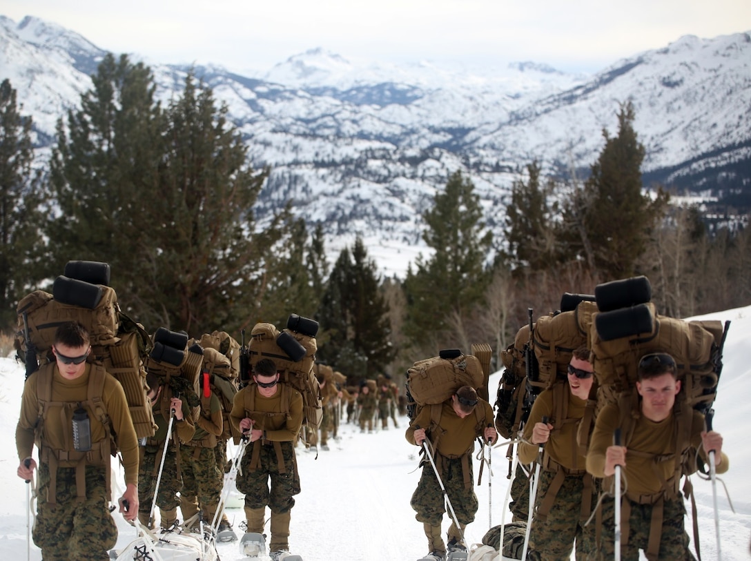 Marines with Combat Logistics Battalion 252 trek up the steep mountains of Bridgeport, Calif,. during Mountain Exercise 1-16, a cold weather training exercise, on Jan. 11, 2016. The training is a prerequisite for a large, multi-national exercise called Cold Response 16 that will take place in Norway, March of this year. Cold Response will challenge 12 NATO allies’ and partners’ abilities to work together and respond in the case of a crisis. (U.S. Marine Corps photo by Lance Cpl. Brianna Gaudi/released)