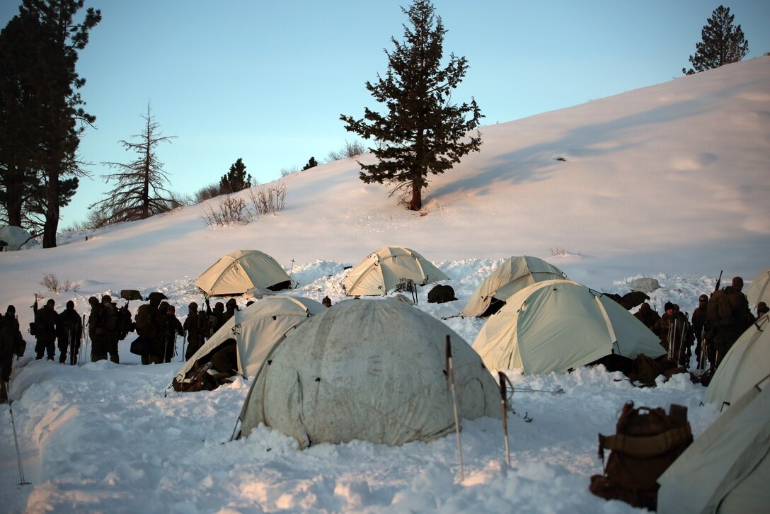 Marines with Combat Logistics Battalion 252 prepare for the day outside of their tents in the mountains of Bridgeport, Calif., during Mountain Exercise 1-16, a cold weather training exercise, on Jan. 12, 2016. The training is a prerequisite for a large, multi-national exercise called Cold Response 16 that will take place in Norway, March of this year. Cold Response will challenge 12 NATO allies’ and partners’ abilities to work together and respond in the case of a crisis. (U.S. Marine Corps photo by Lance Cpl. Brianna Gaudi/released)