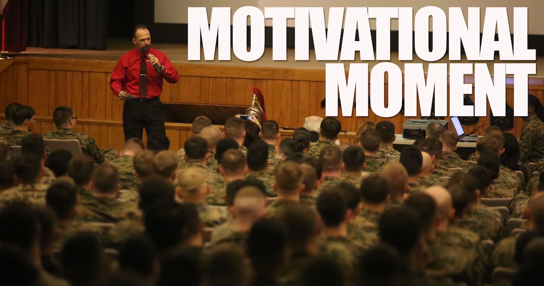 More than 200 Marines with Combat Logistics Regiment 25 filled the base theater to listen to motivational speaker Todd Parisi at Camp Lejeune, N.C., Jan. 28, 2016. Parisi emphasized, like everything in the Marine Corps, respect is earned. “Regardless of rank, Marines will loan you respect as one Marine to another, but after a while that has to be earned too,” said Parisi. (U.S. Marine Corps illustration by LCpl. Miranda Faughn/Released)