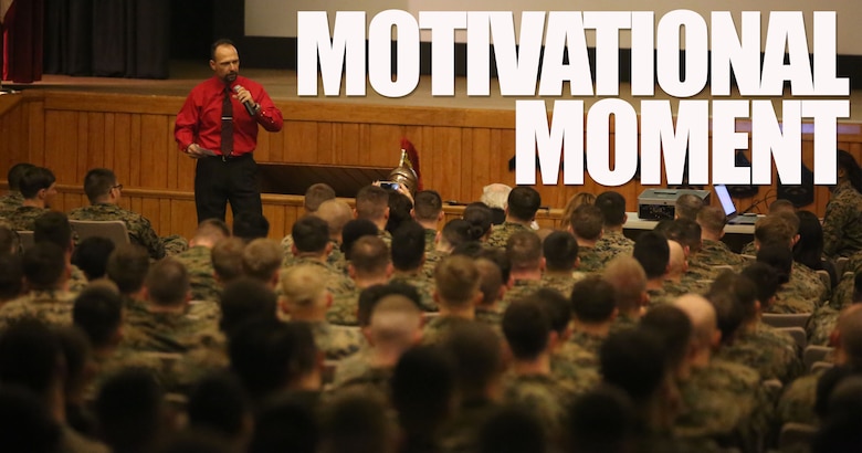 More than 200 Marines with Combat Logistics Regiment 25 filled the base theater to listen to motivational speaker Todd Parisi at Camp Lejeune, N.C., Jan. 28, 2016. Parisi emphasized, like everything in the Marine Corps, respect is earned. “Regardless of rank, Marines will loan you respect as one Marine to another, but after a while that has to be earned too,” said Parisi. (U.S. Marine Corps illustration by LCpl. Miranda Faughn/Released)