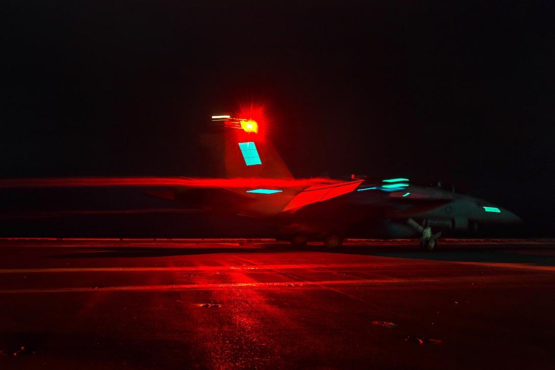 An F/A-18E Super Hornet lands on the flight deck of the USS John C. Stennis in the Pacific Ocean, Jan. 22, 2016. The Stennis is operating as part of the Great Green Fleet in the U.S. 3rd Fleet area of operations on a regularly scheduled western Pacific deployment. The Hornet is assigned to Strike Fighter Squadron 151. Navy photo by Seaman Apprentice Cole C. Pielop