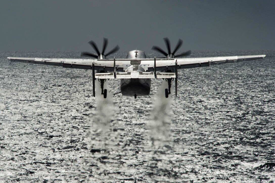 A C-2A Greyhound launches from the flight deck of the aircraft carrier USS Dwight D. Eisenhower in the Atlantic Ocean, Jan. 31, 2016. The Eisenhower is preparing for an inspection and upcoming  carrier qualifications. Navy photo by Petty Officer 3rd Class Anderson W. Branch