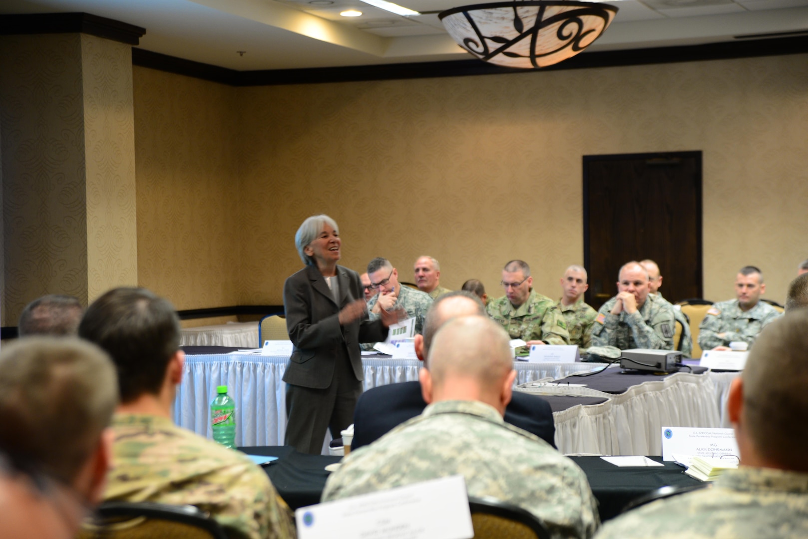 Dr. Barbara Sotirin, deputy director of programs at AFRICOM, speaks to senior leaders of 10 National Guard states from across the U.S., United States Africa Command and United States Army Africa about strategic and long-term planning at the State Partnership Program conference in Raleigh, North Carolina, on Jan. 26, 2016. T
