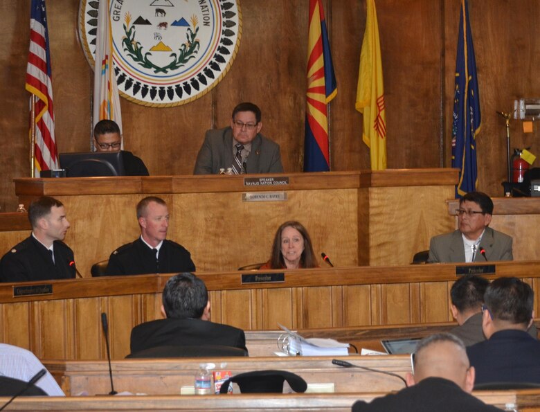 WINDOW ROCK, AZ – Assistant Secretary of the Army for Civil Works Jo-Ellen Darcy addresses the 2016 Winter Council Session of the Navajo Nation Council, Jan. 27, 2016. Also present are Albuquerque District Commander Lt. Col. Patrick Dagon (right); Los Angeles District Commander Col. Kirk Gibbs and Navajo Nation Council Delegate Walter Phelps (right). 